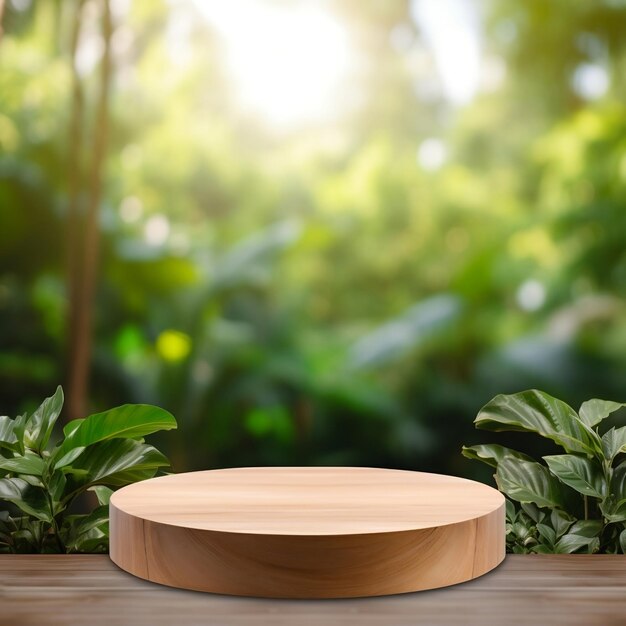 mock up view of round wooden podium with blurred nature leaves background