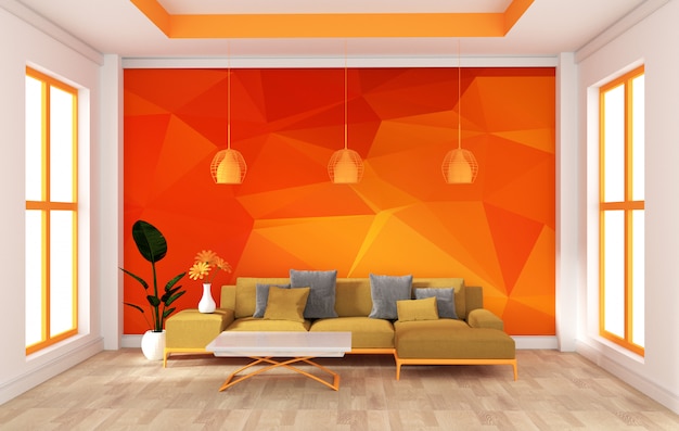 Макет стены в комнате современного оранжевого стиля. 3d-рендеринг