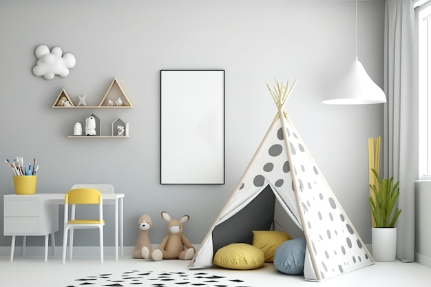 Mock up of a wall in a kids room with a white background