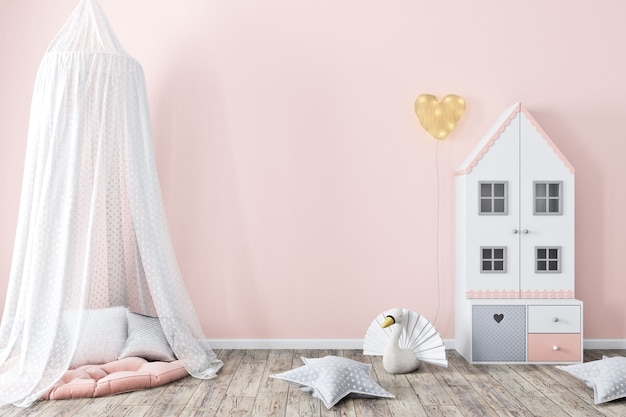 Photo mock up wall  pink in the childrens room 3d rendering