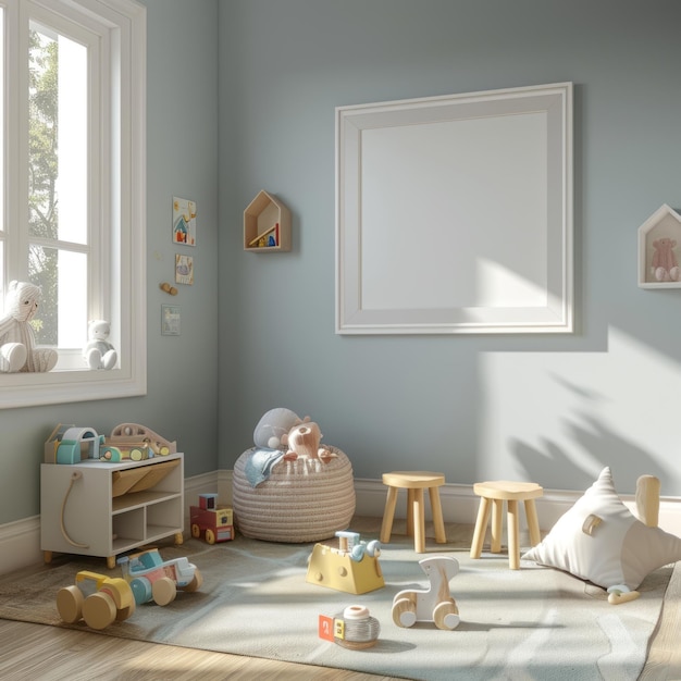 mock up white big photo frame in children playing room