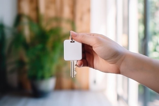 Photo mock up of white blank empty keychain in woman hand