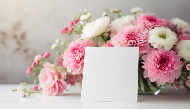 Mock up of white blank paper card and beautiful flowers Spring bouquet Mothers Day Birthday