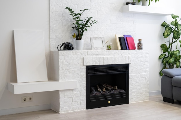 Mock up white frame and vase on book shelf or desk. White colors.