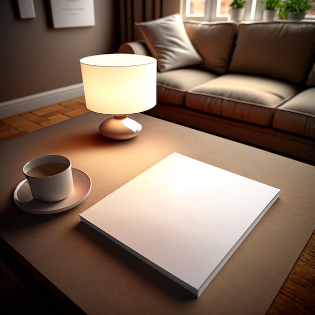 mock up white paper on coffee table in living room with warm lighting