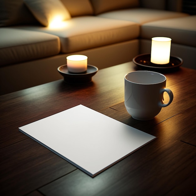 写真 温かみのある照明のあるリビング ルームのコーヒー テーブルにホワイト ペーパーをモックアップします。