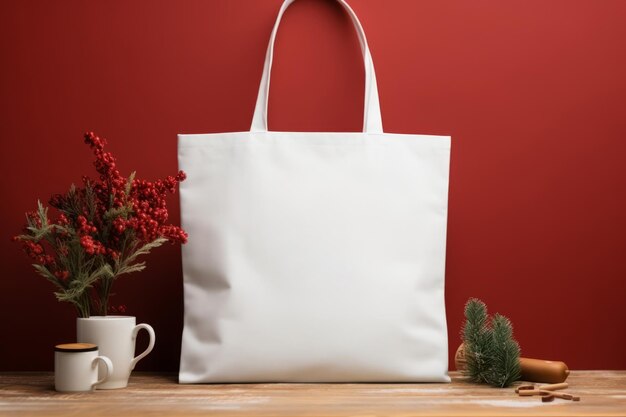 Foto mock up di una borsa bianca di tela bianca semplice con elementi floreali di natale e pino dietro la borsa illustrazione generativa di ai