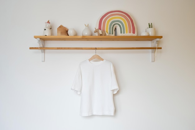 Mock up white tshirt hanging on a wooden shelf against white wall in the interior