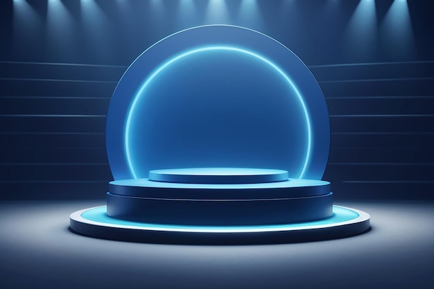 Mock up winner blue glow round podium premium photo