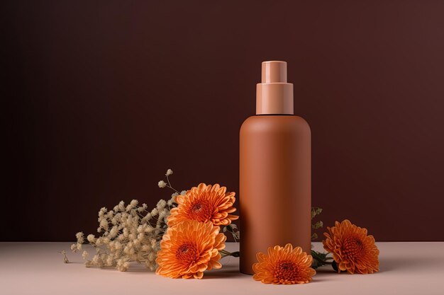 Mock up with brown plastic bottle flowers and gradient background