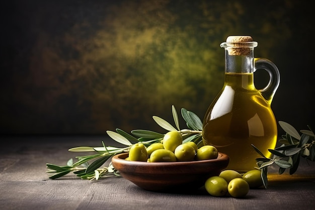 Mock up with plump green olives and bottle of premium olive oil