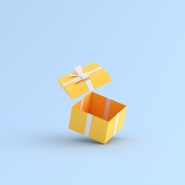 Макет желтой подарочной коробке на синем пространстве.