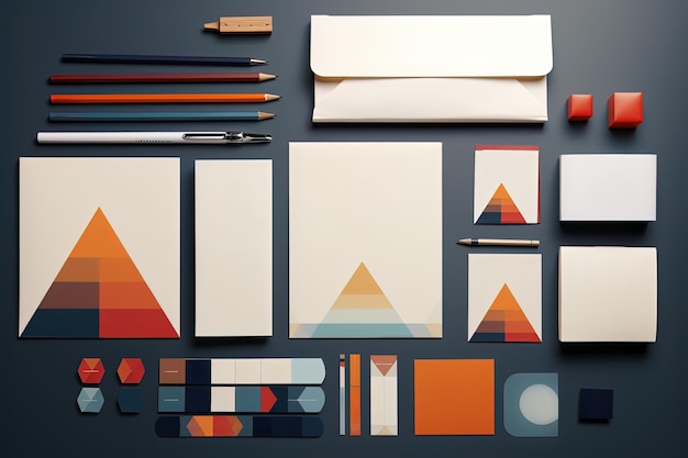 Foto mock-ups met geometrisch geïnspireerde verpakkingen en visitekaartjes die bijdragen aan een merkidentiteit