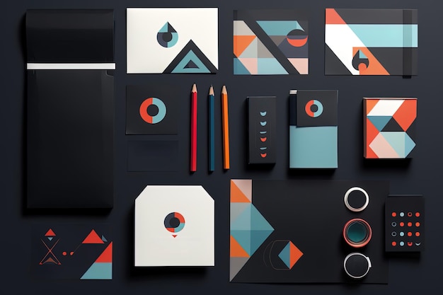 Photo mock ups with geometricinspired packaging and business cards contributing to a brand identity