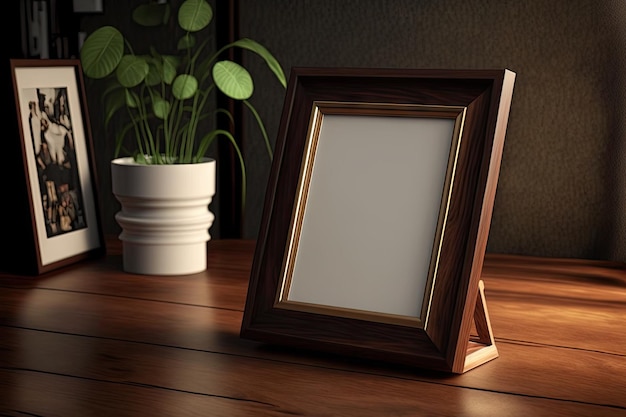 Mock vertical picture frame on the wooden desk