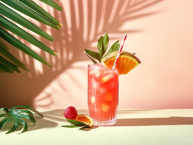 Mocktail met vers fruit op tropische kleurrijke achtergrond