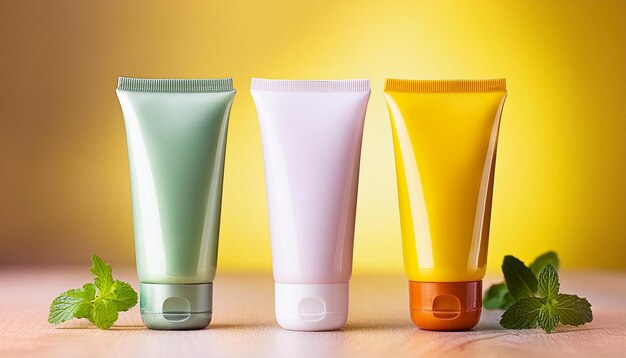Photo mockup of 3 colorful tubes of shampoo or cream organic cosmetics body care set hygiene beauty