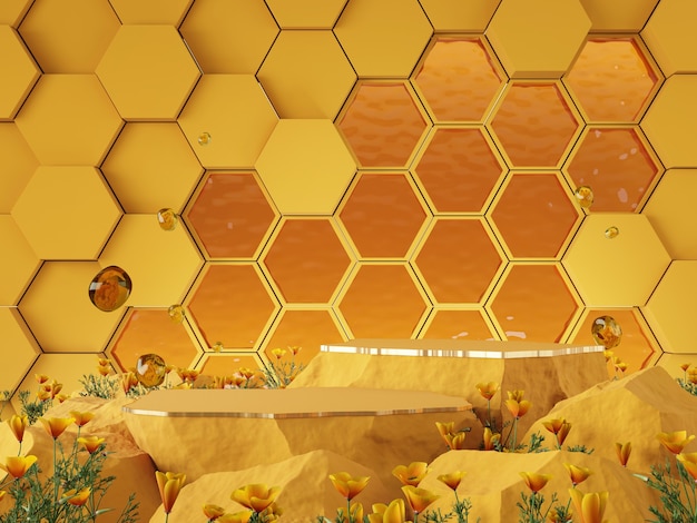 사진 모형 3d 배경 육각형 패턴 꿀 색조 개념 3d 렌더링