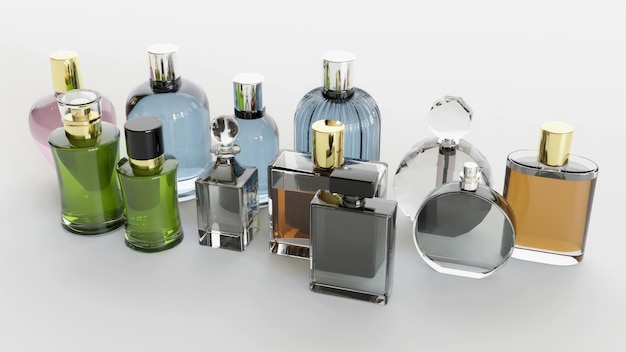 mockup 3D-model parfumcollectie met helderglazen spuitdop