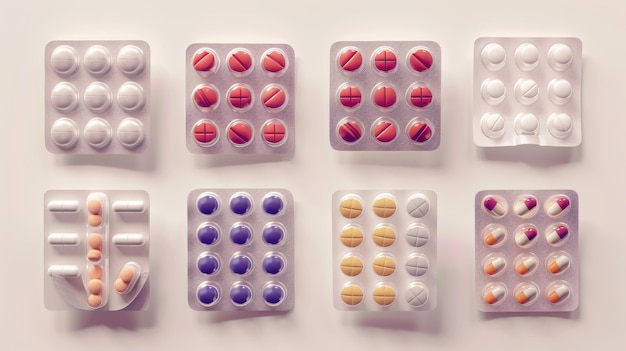 A mockup of a 3D pharmacy package with round and oval pills and tablets in blank carton packs A template for presenting medicaments