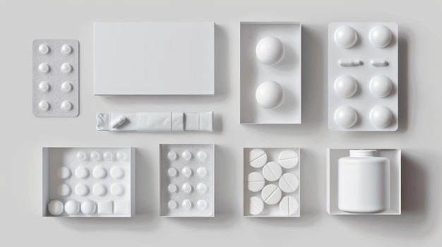 Photo mockup of 3d pharmacy package with round and oval pills and tablets in blank cartons template for medicaments wrapping