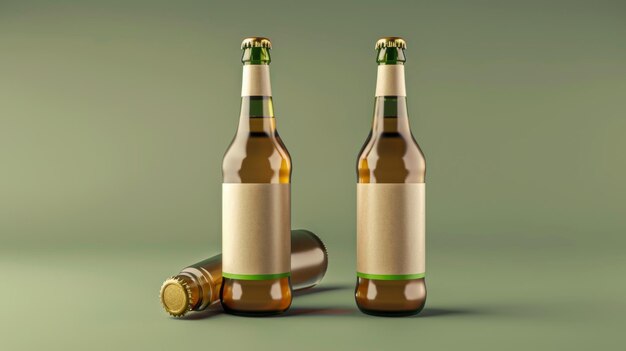 Mockup of 3D wheat beer glass bottles Illustration of a beer bottle with label and an empty bottle with brass cap on a green background