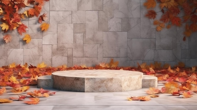 Мокап абстрактного фона каменный подиум с оранжевыми листьями Generative AI