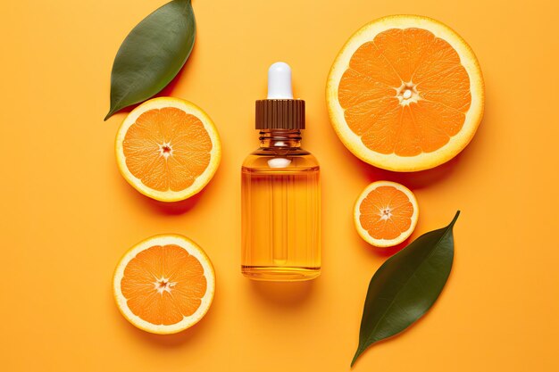 A mockup of beauty products with a natural vitamin c serum skincare and essential oil in a brown