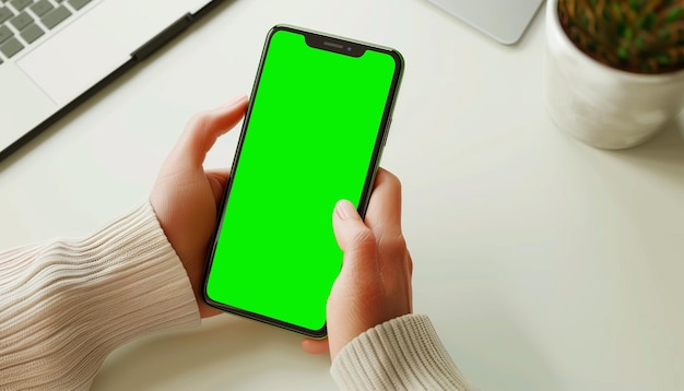 Mockup beeld van een zakenmens met een slimme mobiele telefoon met een leeg groen scherm