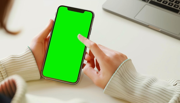 Foto mockup beeld van een zakenmens met een slimme mobiele telefoon met een leeg groen scherm