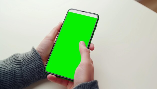 Mockup beeld van een zakenmens met een slimme mobiele telefoon met een leeg groen scherm