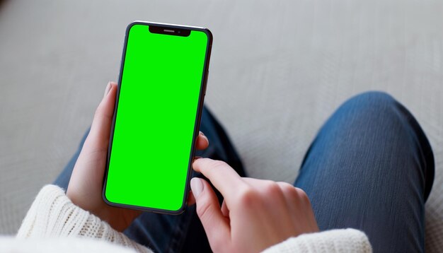 Mockup beeld van een zakenmens met een slimme mobiele telefoon met een leeg groen scherm