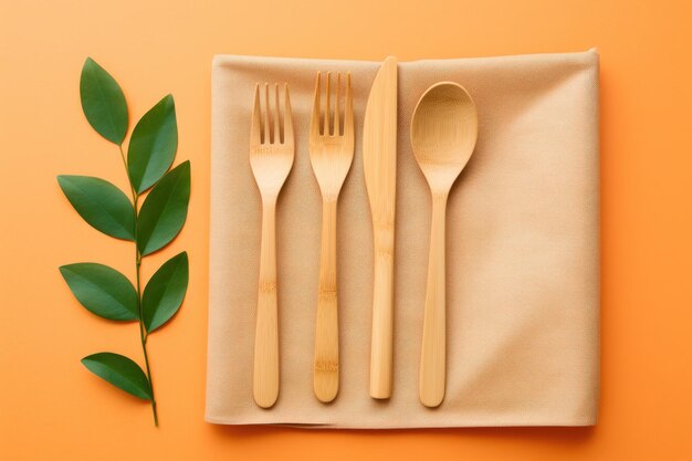 Photo mockup of biodegradable and compostable bamboo cutlery set on orange background emphasizing environmental conservation