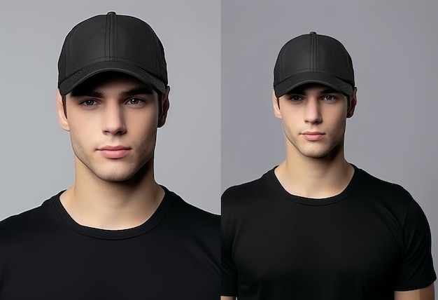 Photo mockup black baseball cap on the front of the white background