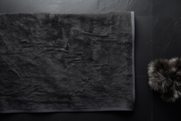 A mockup of a black beach towel with a soft texture is shown unfolded on the floor The top view disp