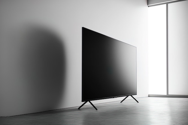 Mockup of a black LED television with a blank screen against a backdrop of a white wall