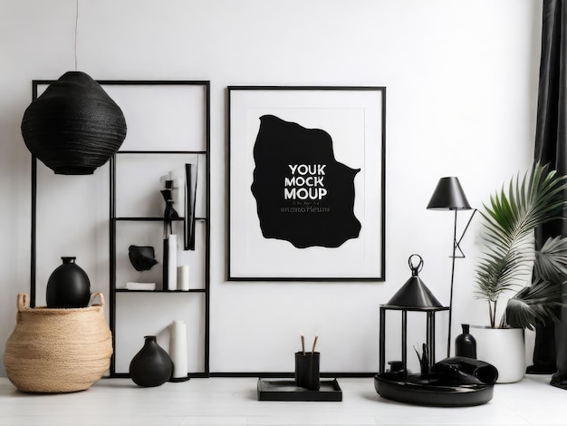 Mockup black poster frame and accessories decor in cozy white interior background