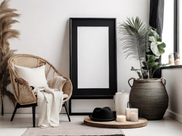 Photo mockup black poster frame and accessories decor in cozy white interior background