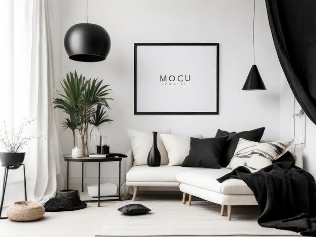 Photo mockup black poster frame and accessories decor in cozy white interior background