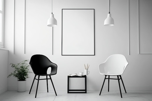 Mockup of a black poster with a narrow frame in a simple allwhite room with two chairs