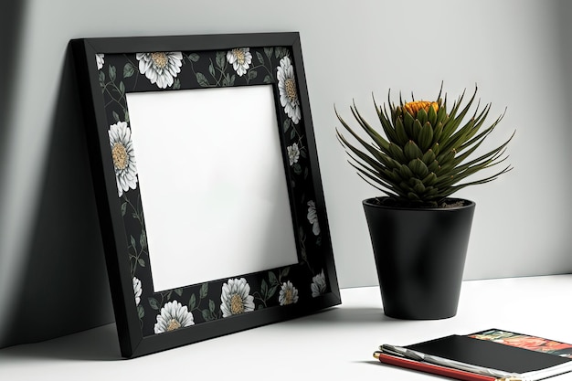 Mockup of a black square photo frame on a white background