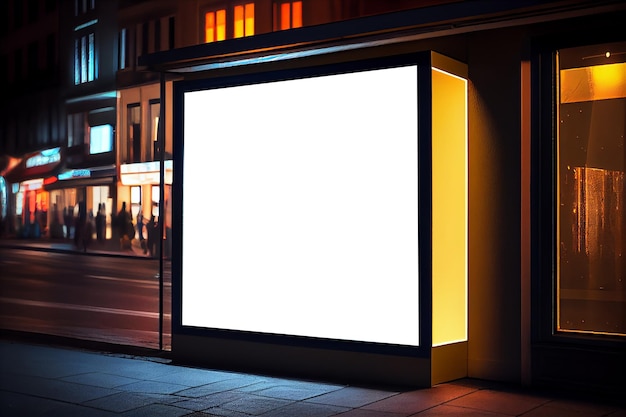 Mockup of blank billboard at store street showcase window in a city at night Generative ai