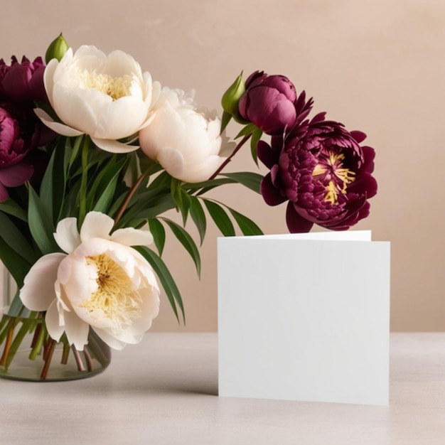 Mockup of a blank card or invitation with fresh burgundy and white peonies on a beige background