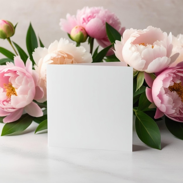 Mockup of blank card or invitation with fresh pink peonies on beige background