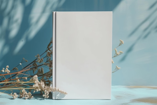 Mockup of a blank cover white book with a sunny background Generative AI