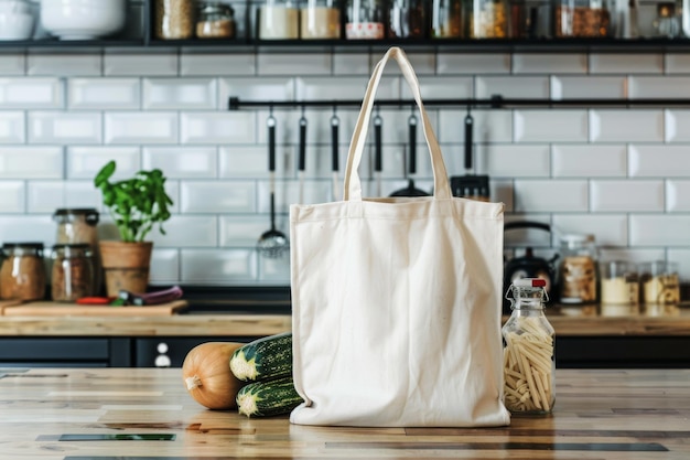 Mockup of a blank eco canvas tote bag on kitchen