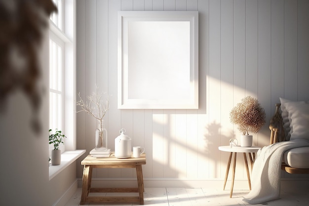 Mockup of blank frame in scandinavian style home interior