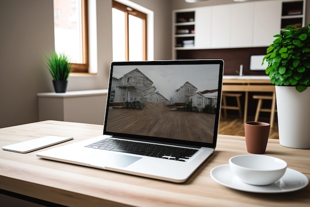 会社のアイデアの現代的な家のモックアップの堅木張りのテーブルにモックアップの空白のラップトップ画面