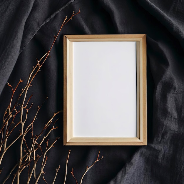 Photo mockup blank photo frame and branches on dark cotton fabric top and vertical view