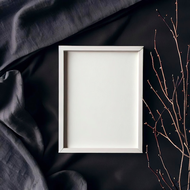 Mockup blank photo frame and branches on dark cotton fabric top and vertical view